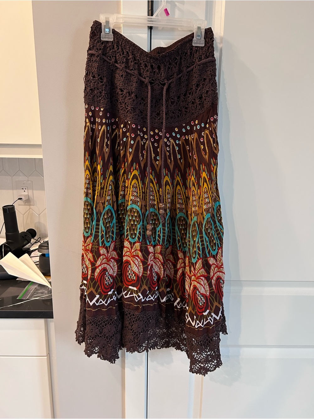 Lapis Boho Floral Maxi Skirt Crochet Trim Waist Hem Ethnic Festival Fairy Boho